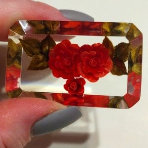 Vintage Reverse Under Carved Rose Lucite Pin Brooch
